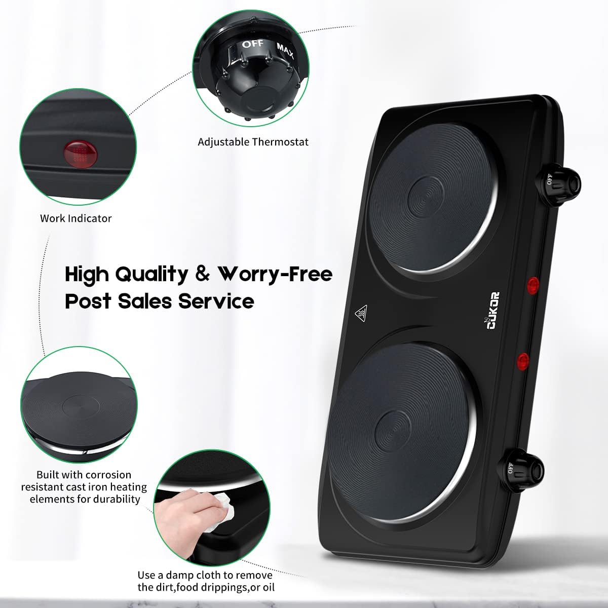 CUKOR Electric Hot Plate, Double Cast Iron 2 Burner, 1800W Countertop Burner, Dual Electric Stove Burners, Portabel Electric Cooktop, Portabel Double Burner for Cooking - Image 4