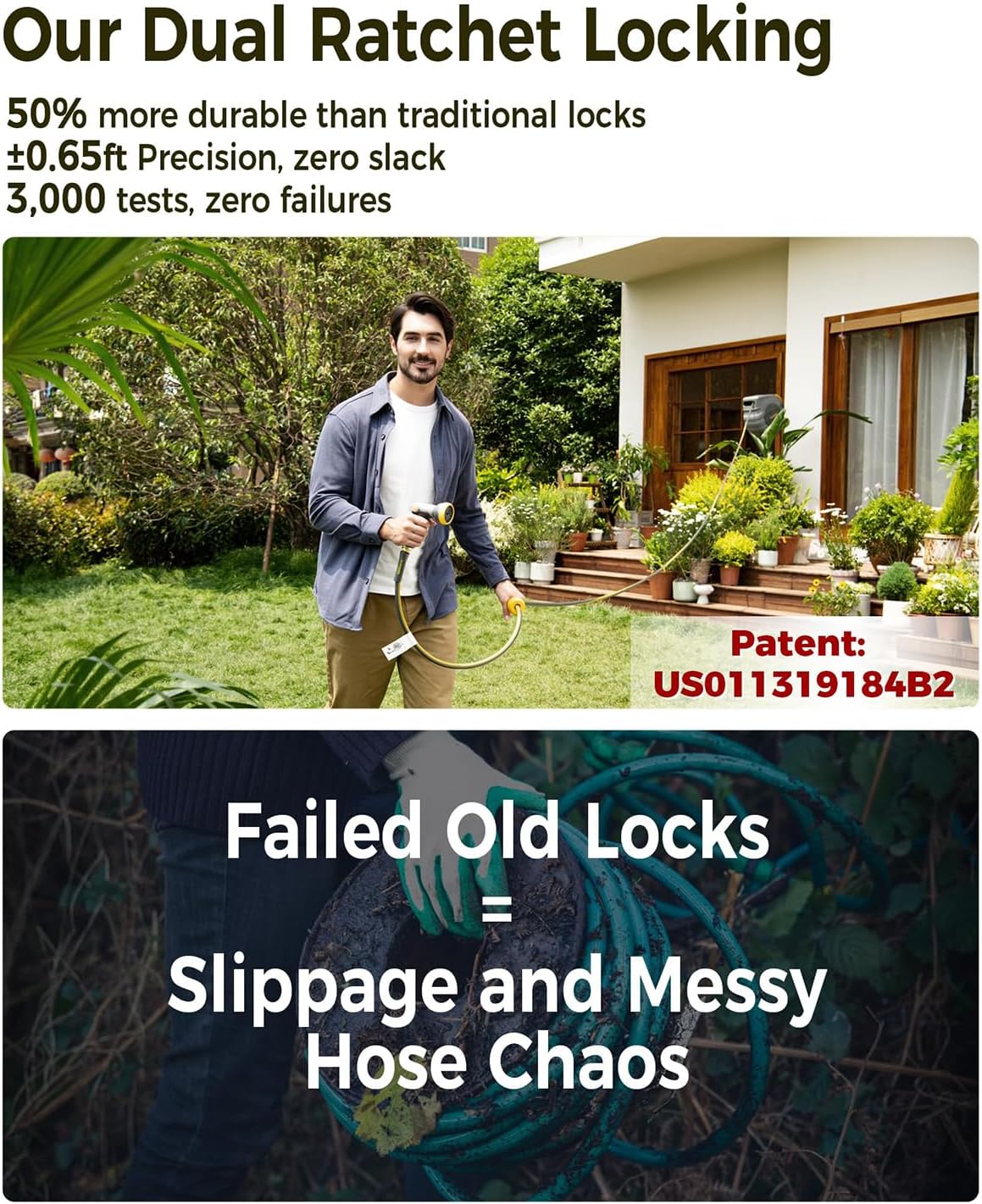 Retractable Garden Hose Reel 5/8 in x 100 ft Upgraded UV Resistant Heavy Duty Automatic Hose Reel Wall Mount 3/4 in Brass Fitting 9 Pattern Nozzle Any Length Lock Slow Retraction 180° Swivel - Image 4