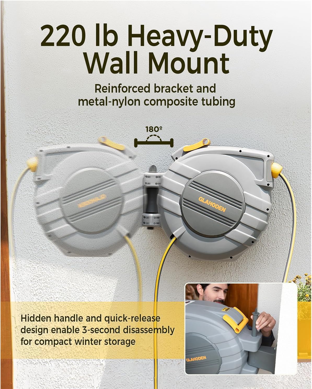 Retractable Garden Hose Reel 5/8 in x 100 ft Upgraded UV Resistant Heavy Duty Automatic Hose Reel Wall Mount 3/4 in Brass Fitting 9 Pattern Nozzle Any Length Lock Slow Retraction 180° Swivel - Image 7