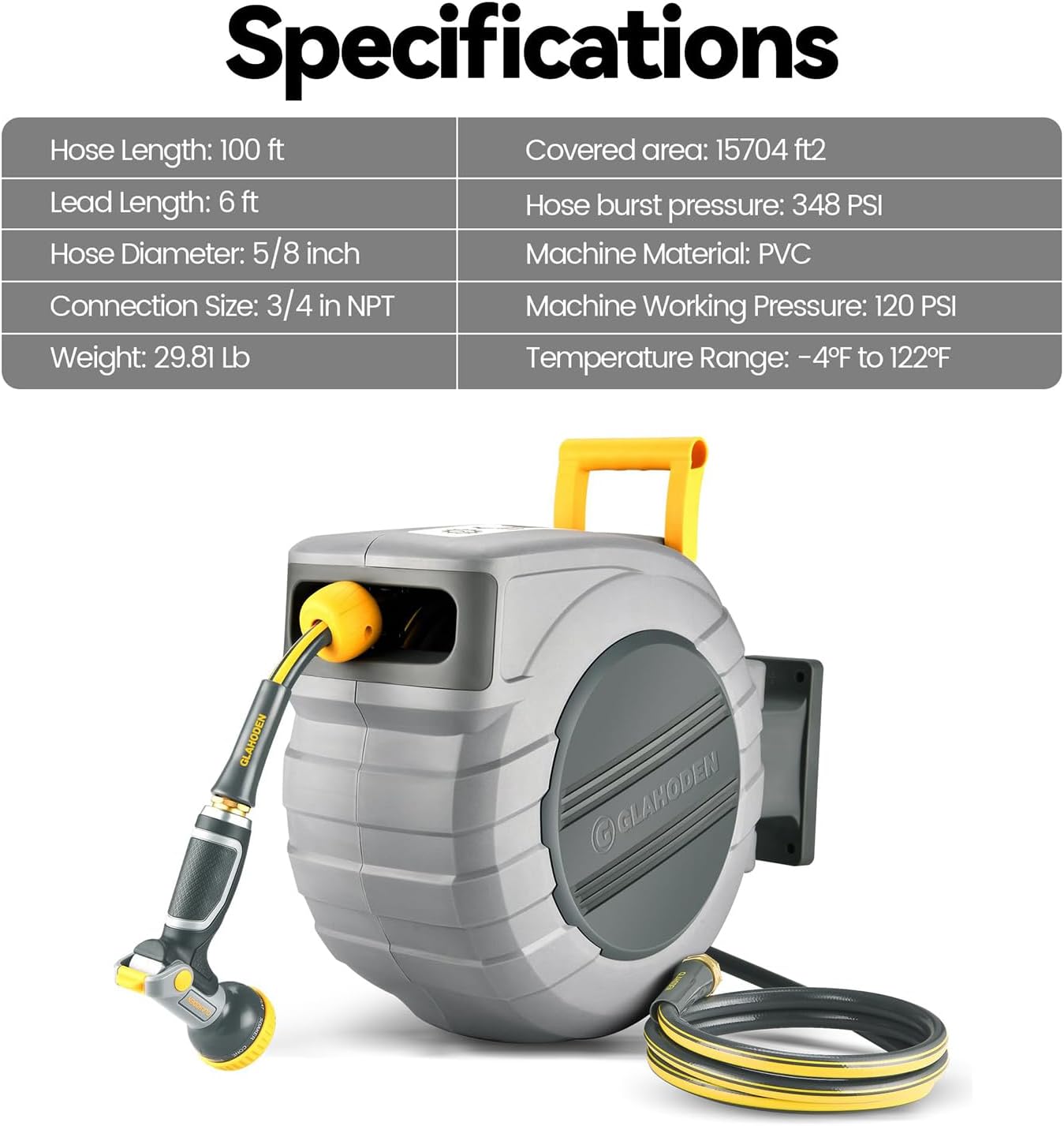 Retractable Garden Hose Reel 5/8 in x 100 ft Upgraded UV Resistant Heavy Duty Automatic Hose Reel Wall Mount 3/4 in Brass Fitting 9 Pattern Nozzle Any Length Lock Slow Retraction 180° Swivel - Image 9