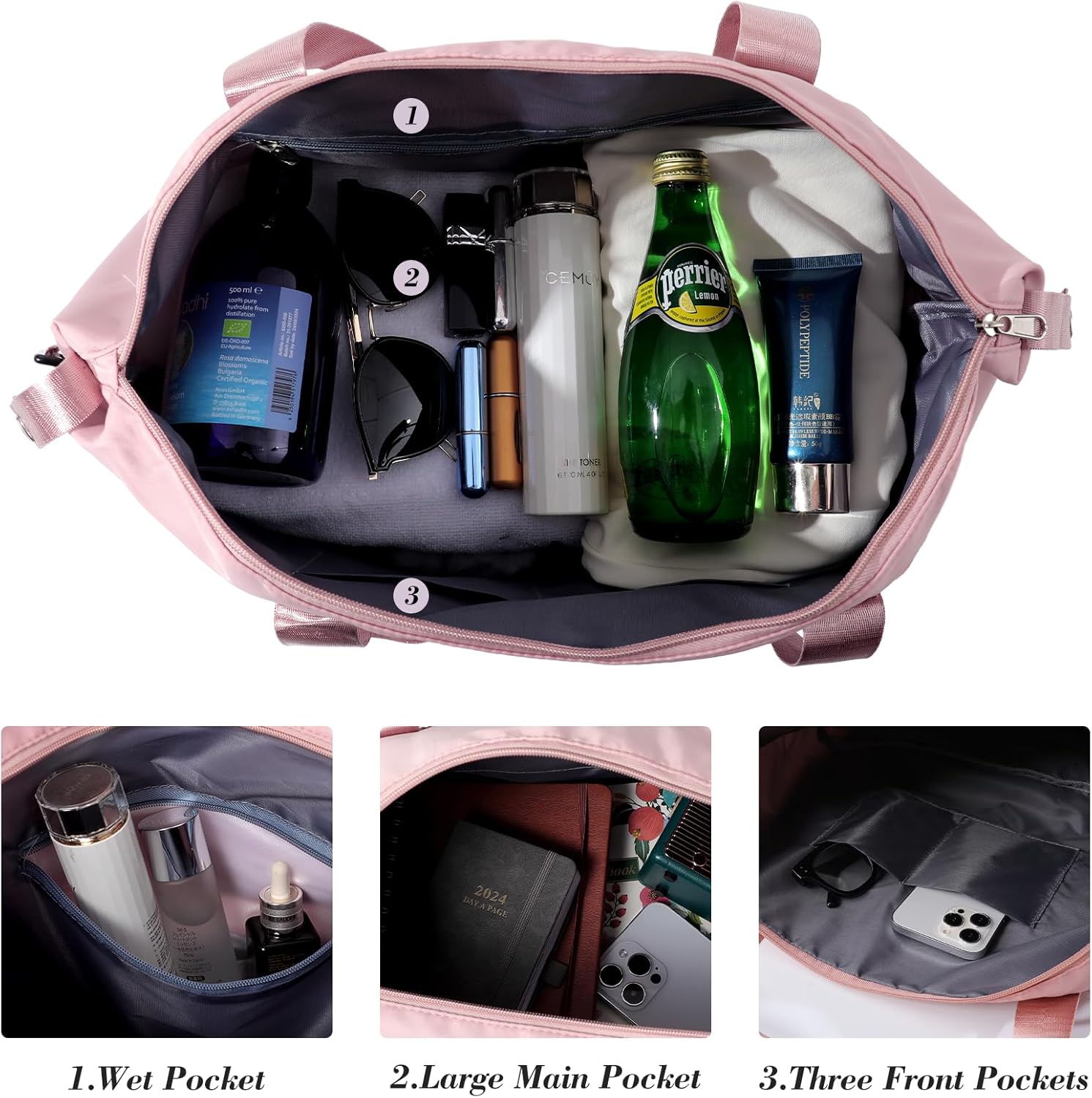 Travel Duffel Bag - Large Shoulder Weekender Overnight Bag, Carry on Bags with Wet Pocket, Waterproof Expandable Duffel Bags with Trolley Sleeve for Sports Travel Gym, Pink - Image 5