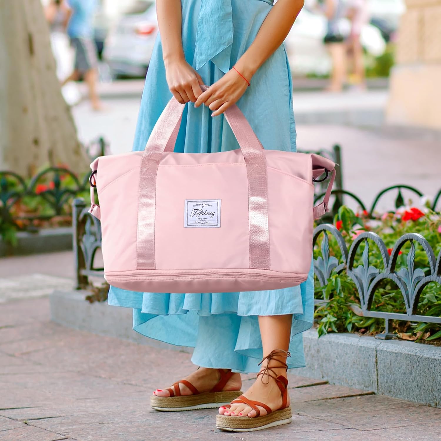 Travel Duffel Bag - Large Shoulder Weekender Overnight Bag, Carry on Bags with Wet Pocket, Waterproof Expandable Duffel Bags with Trolley Sleeve for Sports Travel Gym, Pink - Image 7